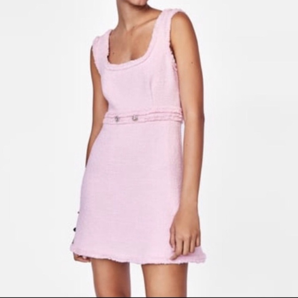 Zara Blogger Favorite Pink Tweed Dress Rare Coquette Jeweled Waist Chic Mini L